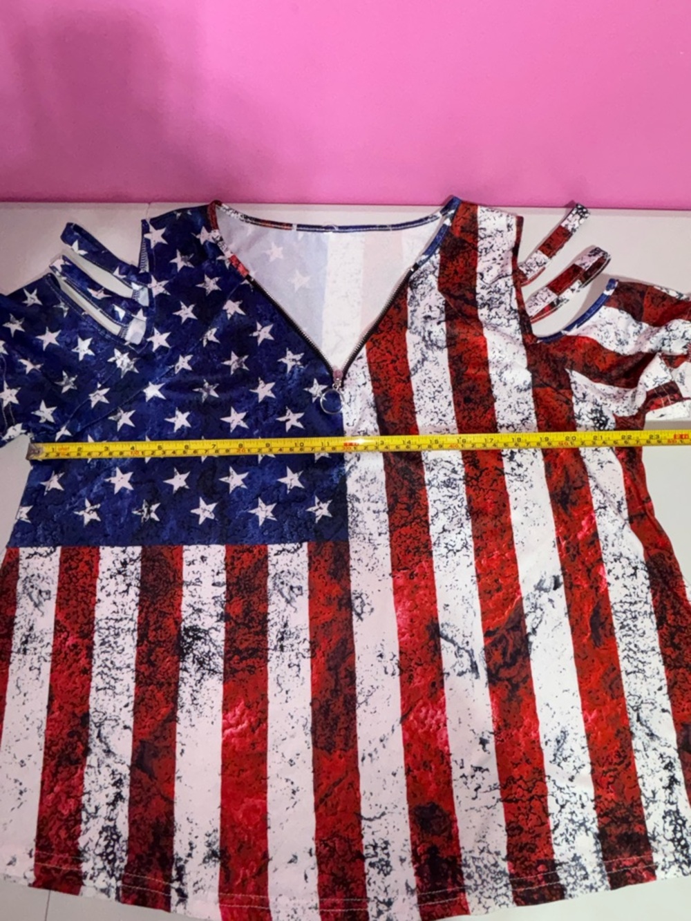 Women's Cold-Shoulder US Flag Print Tunic Top - Red, White & Blue - Picture 10 of 13